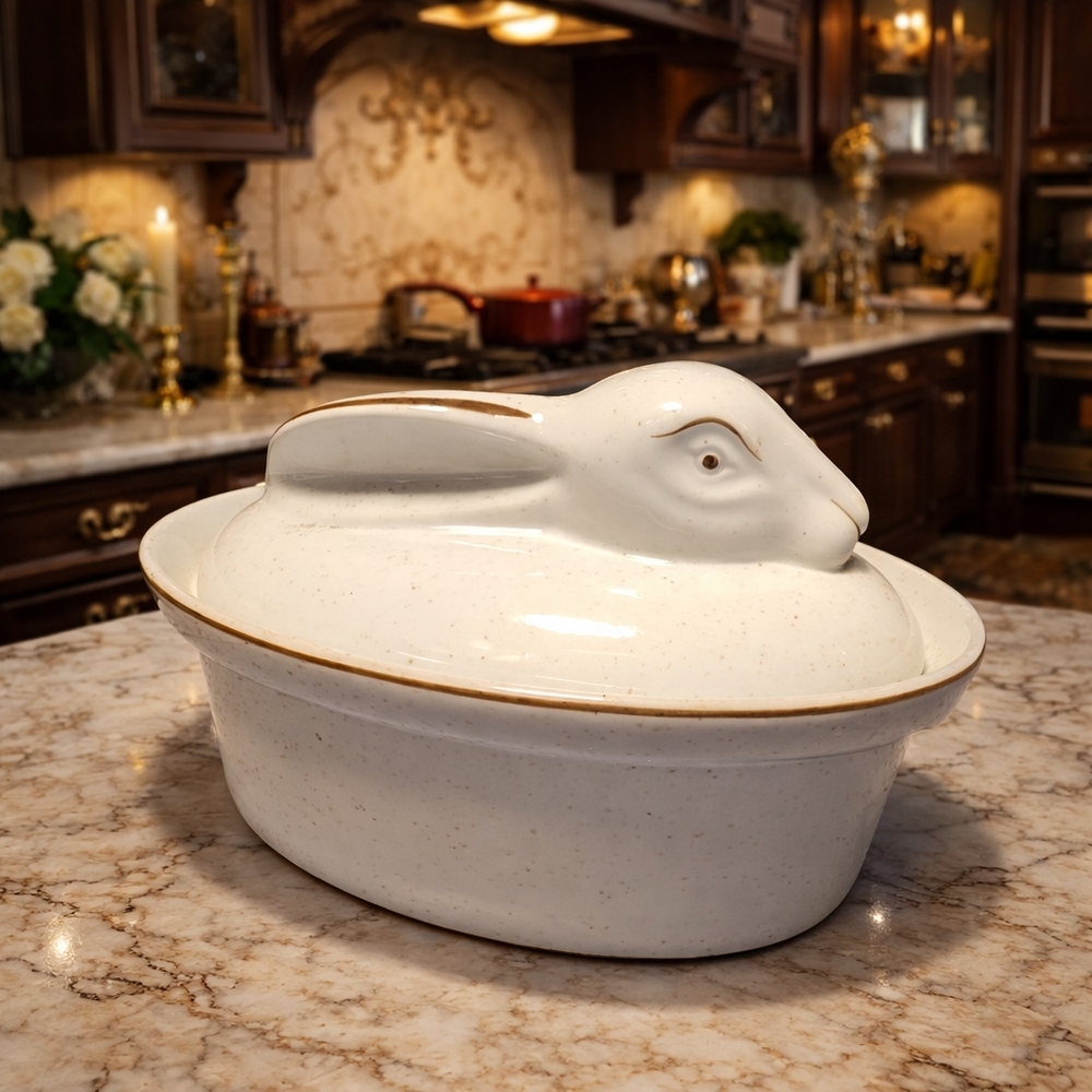 Vtg French Cocotte Stoneware Bunny Rabbit Covered Casserole Dish Tureen Lid
